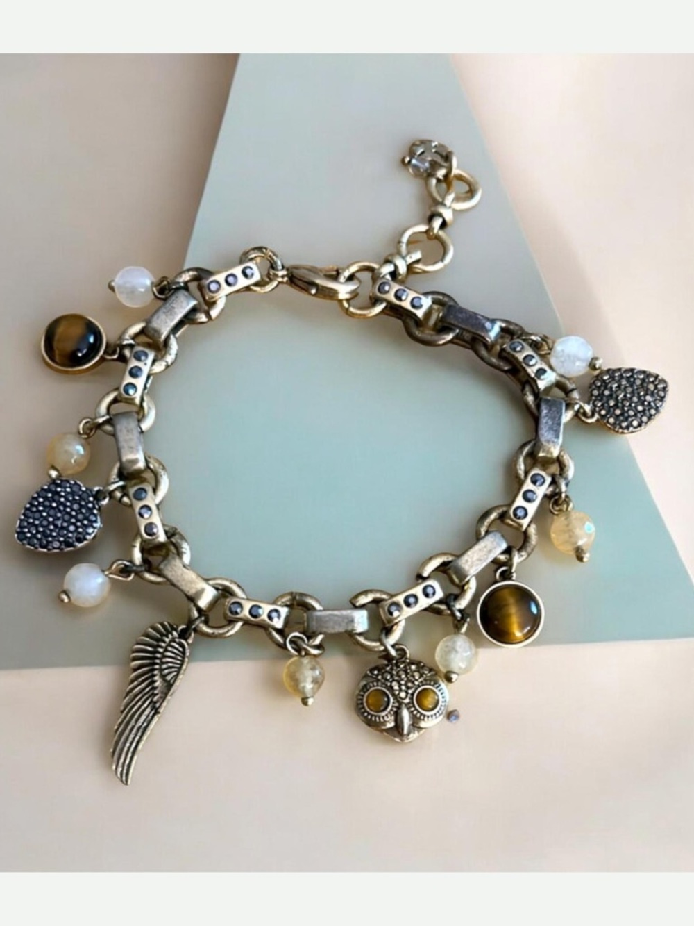 Vintage Lucky Brand Gold Charm Bracelet with Owl and Wing Tiger Eye Accents